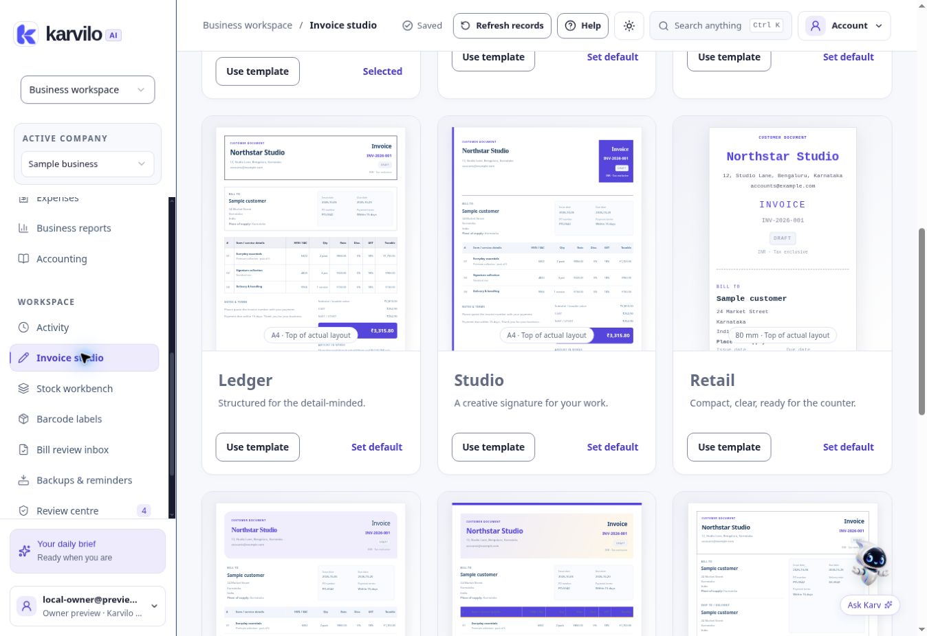 Actual Karvilo Invoice studio showing several invoice and thermal receipt layouts with sample records.