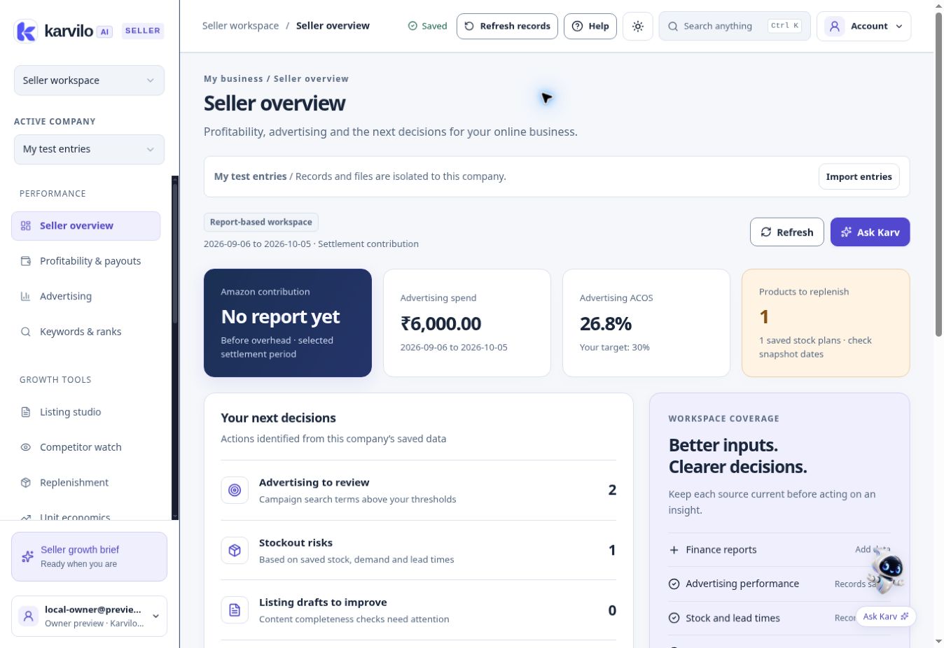Actual Karvilo Seller workspace showing finance source coverage, advertising metrics and stock planning using test records.